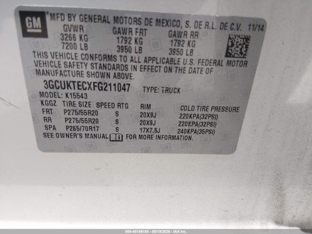 45156185 :رقم المزاد ، 3GCUKTECXFG211047 vin ، 2015 Chevrolet Silverado 1500 High Country مزاد بيع