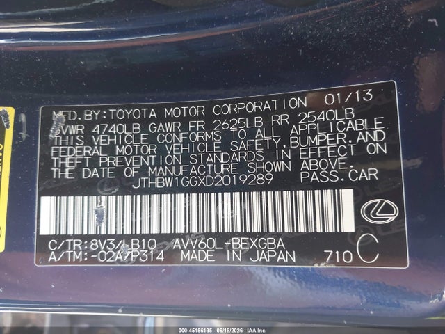 Продаж на аукціоні авто 2013 Lexus Es 300h, vin: JTHBW1GGXD2019289, номер лоту: 45156195