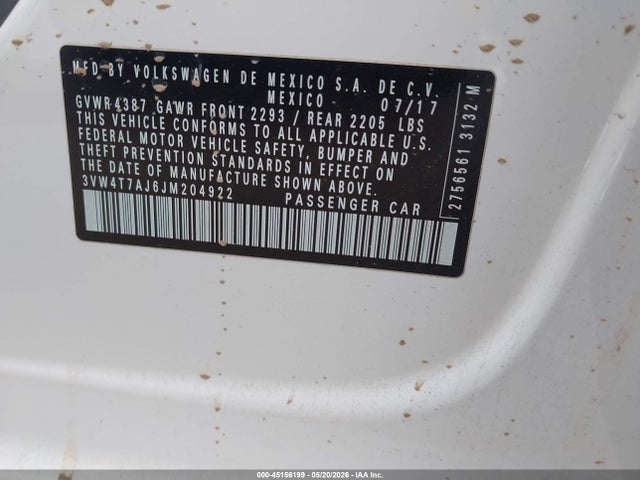 45156199 :رقم المزاد ، 3VW4T7AJ6JM204922 vin ، 2018 Volkswagen Jetta 2.0t Gli مزاد بيع