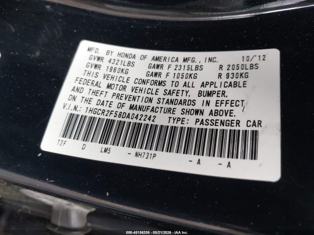 2013 Honda Accord Sport მანქანა იყიდება აუქციონზე, vin: 1HGCR2F58DA042242, აუქციონის ნომერი: 45156208