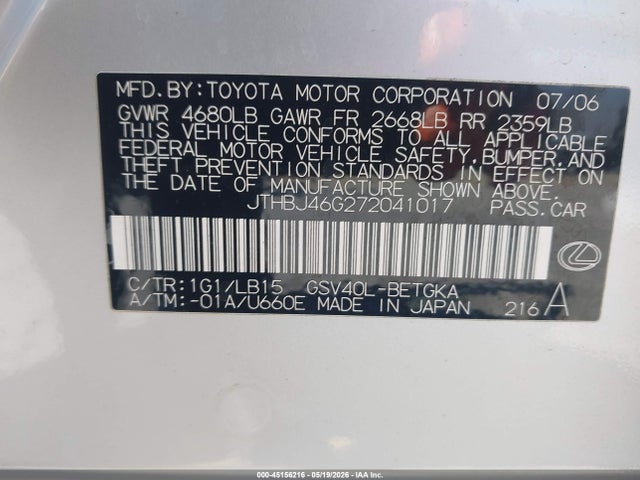45156216 :رقم المزاد ، JTHBJ46G272041017 vin ، 2007 Lexus Es 350 مزاد بيع