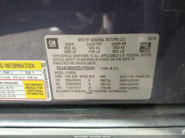45156223 :رقم المزاد ، 5GAKVBKD2DJ103041 vin ، 2013 Buick Enclave Convenience مزاد بيع