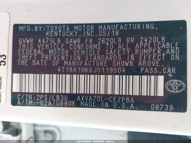 45156236 :رقم المزاد ، 4T1B61HK6JU119504 vin ، 2018 Toyota Camry Xse مزاد بيع
