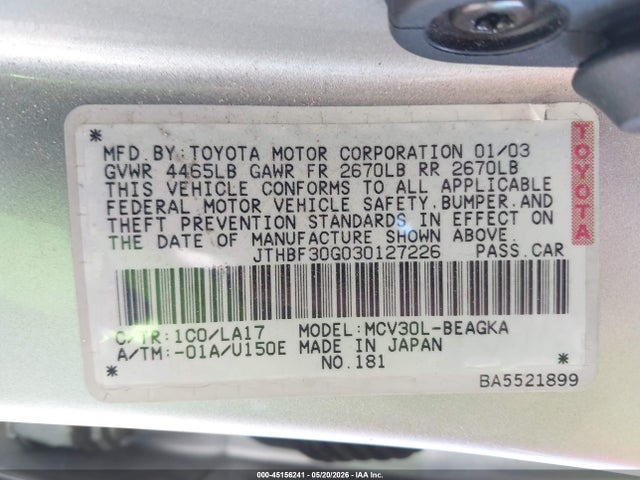 Продаж на аукціоні авто 2003 Lexus Es 300, vin: JTHBF30G030127226, номер лоту: 45156241