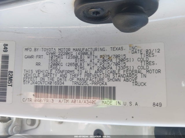 Продаж на аукціоні авто 2012 Toyota Tacoma, vin: 5TFJX4CN7CX016934, номер лоту: 45156244