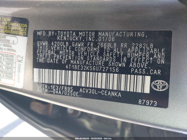 Aukcja sprzedaży 2006 Toyota Camry Le, vin: 4T1BE32K56U727156, numer aukcji: 45156245