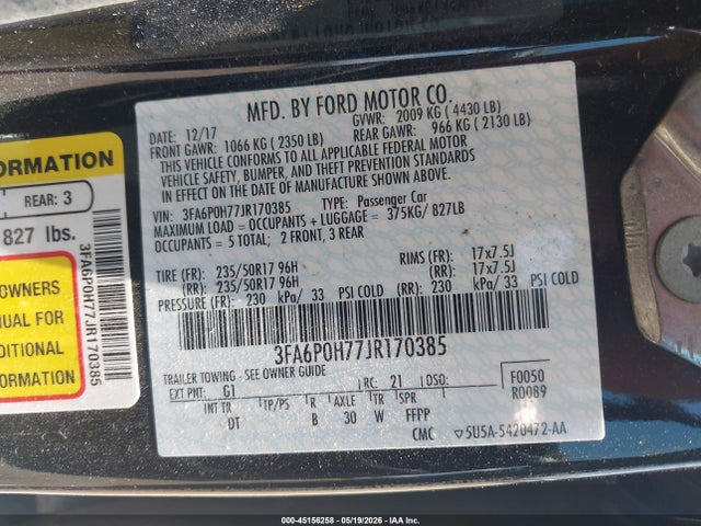 Aukcja sprzedaży 2018 Ford Fusion Se, vin: 3FA6P0H77JR170385, numer aukcji: 45156258