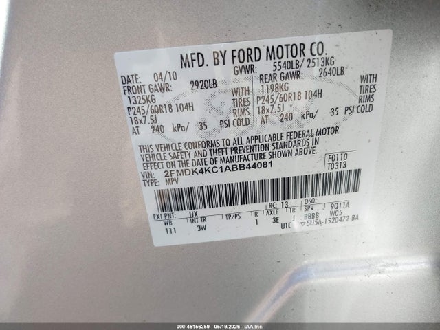 45156259 :رقم المزاد ، 2FMDK4KC1ABB44081 vin ، 2010 Ford Edge Limited مزاد بيع