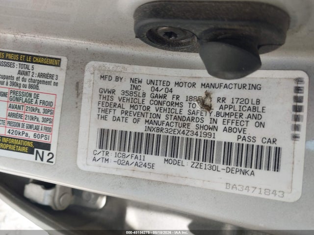 45156275 :رقم المزاد ، 1NXBR32EX4Z341991 vin ، 2004 Toyota Corolla Le مزاد بيع