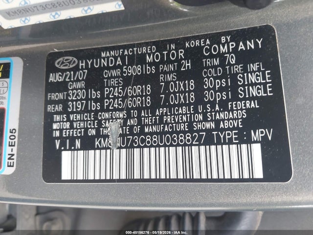 Продаж на аукціоні авто 2008 Hyundai Veracruz Gls/limited/se, vin: KM8NU73C88U038827, номер лоту: 45156276