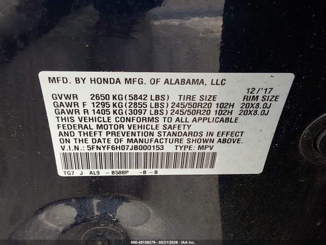 Продаж на аукціоні авто 2018 Honda Pilot Elite, vin: 5FNYF6H07JB000153, номер лоту: 45156279
