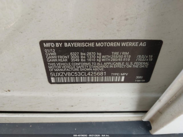 Aukcja sprzedaży 2012 Bmw X5 Xdrive50i, vin: 5UXZV8C53CL425681, numer aukcji: 45156282