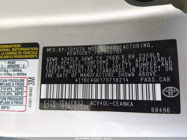 Продаж на аукціоні авто 2007 Toyota Camry Le, vin: 4T1BE46K17U718214, номер лоту: 45156306
