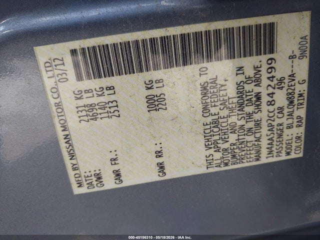 2012 Nissan Maxima 3.5 S მანქანა იყიდება აუქციონზე, vin: 1N4AA5AP2CC842499, აუქციონის ნომერი: 45156310
