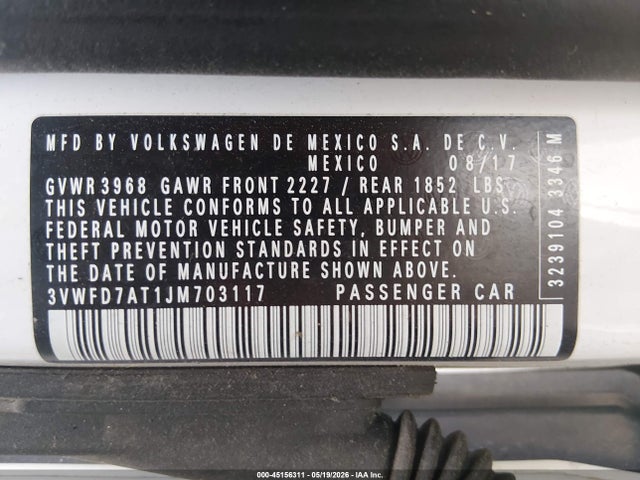 45156311 :رقم المزاد ، 3VWFD7AT1JM703117 vin ، 2018 Volkswagen Beetle 2.0t Coast/2.0t S مزاد بيع