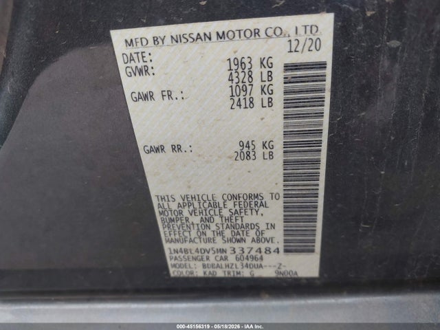 Продаж на аукціоні авто 2021 Nissan Altima Sv Fwd, vin: 1N4BL4DV5MN337484, номер лоту: 45156319