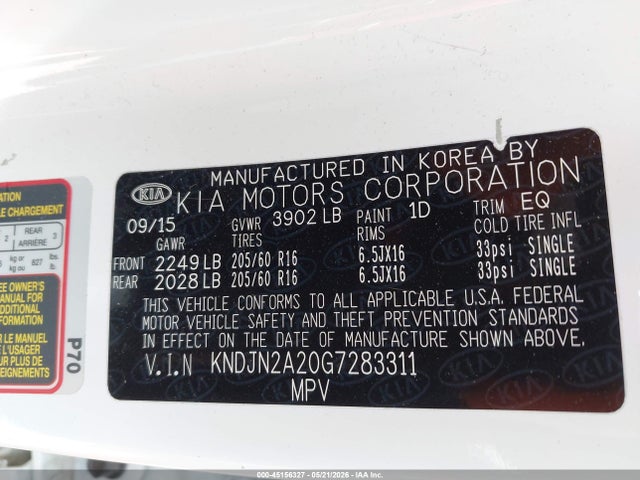 2016 Kia Soul მანქანა იყიდება აუქციონზე, vin: KNDJN2A20G7283311, აუქციონის ნომერი: 45156327