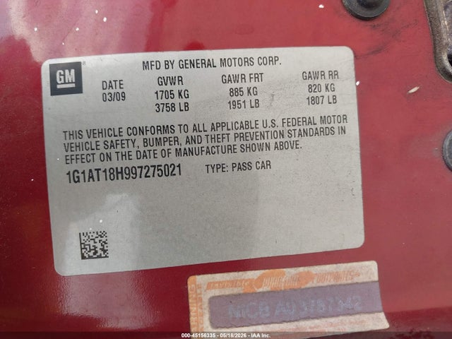 Продаж на аукціоні авто 2009 Chevrolet Cobalt Lt, vin: 1G1AT18H997275021, номер лоту: 45156335