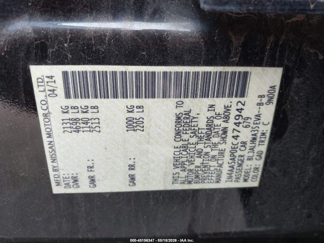 2014 Nissan Maxima 3.5 Sv მანქანა იყიდება აუქციონზე, vin: 1N4AA5AP0EC474942, აუქციონის ნომერი: 45156347