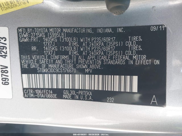 Aukcja sprzedaży 2012 Toyota Sienna Le V6 8 Passenger, vin: 5TDKK3DC9CS176670, numer aukcji: 45156351