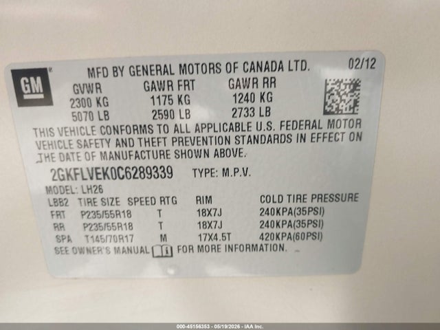 45156353 :رقم المزاد ، 2GKFLVEK0C6289339 vin ، 2012 Gmc Terrain Slt-1 مزاد بيع