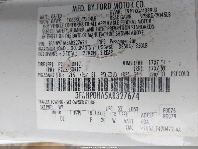 Aukcja sprzedaży 2010 Ford Fusion Se, vin: 3FAHP0HA5AR327674, numer aukcji: 45156358