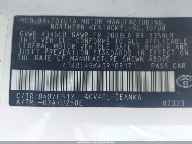 Продажа на аукционе авто 2009 Toyota Camry Le, vin: 4T4BE46K49R108171, номер лота: 45156367