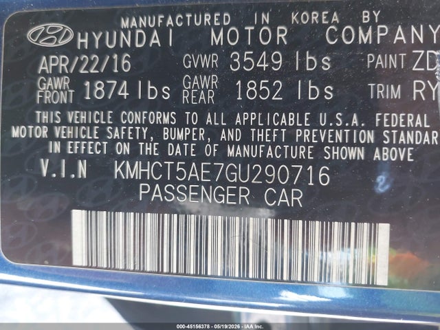 Aukcja sprzedaży 2016 Hyundai Accent Se, vin: KMHCT5AE7GU290716, numer aukcji: 45156378