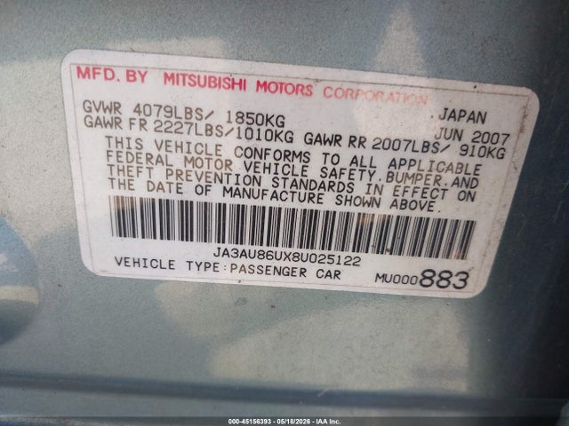 45156393 :رقم المزاد ، JA3AU86UX8U025122 vin ، 2008 Mitsubishi Lancer Gts مزاد بيع