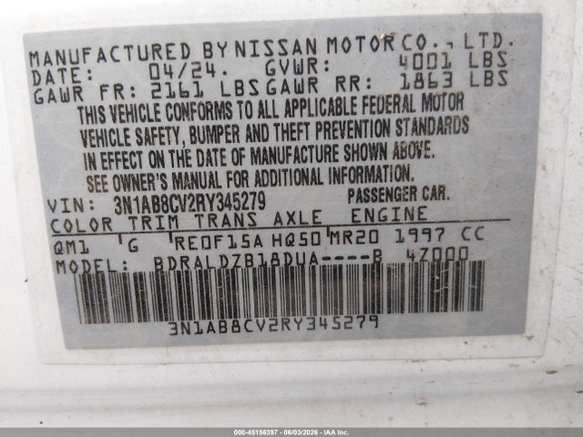 3N1AB8CV2RY345279 Nissan Sentra Sv Xtronic Cvt