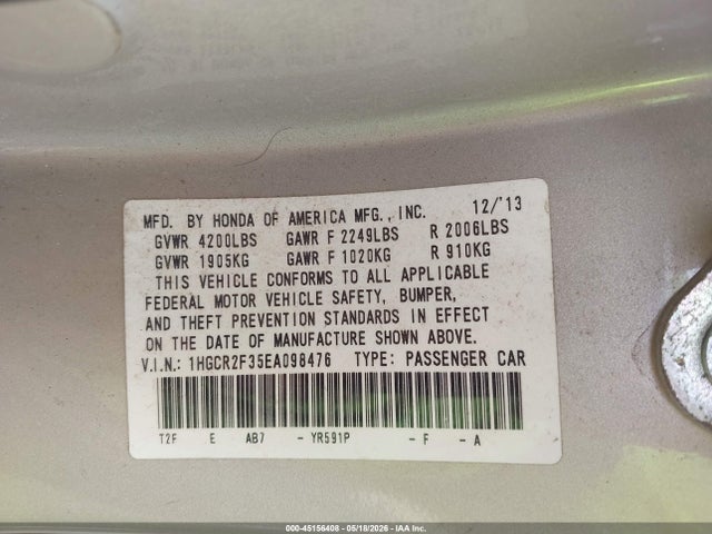 Продаж на аукціоні авто 2014 Honda Accord Lx, vin: 1HGCR2F35EA098476, номер лоту: 45156408
