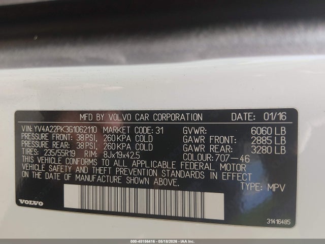 Продажа на аукционе авто 2016 Volvo Xc90 T6 Momentum, vin: YV4A22PK3G1062110, номер лота: 45156416