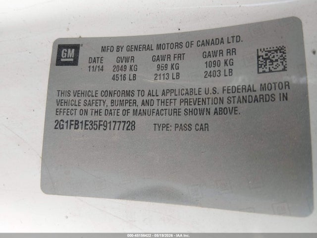Auction sale of the 2015 Chevrolet Camaro 2ls, vin: 2G1FB1E35F9177728, lot number: 45156422