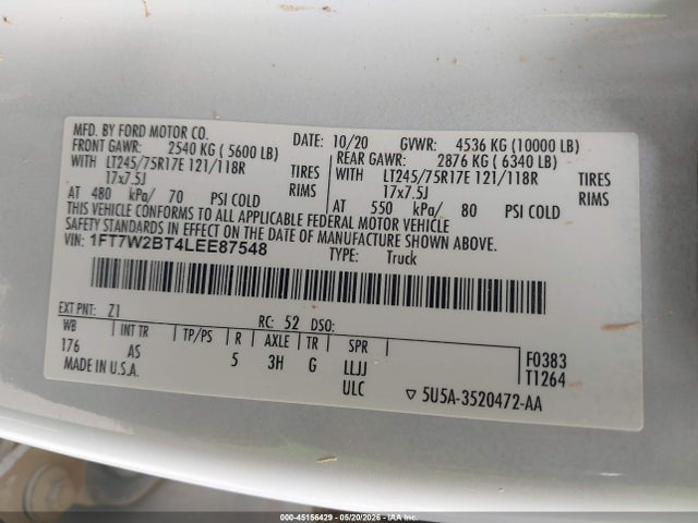2020 Ford F-250 Xl მანქანა იყიდება აუქციონზე, vin: 1FT7W2BT4LEE87548, აუქციონის ნომერი: 45156429
