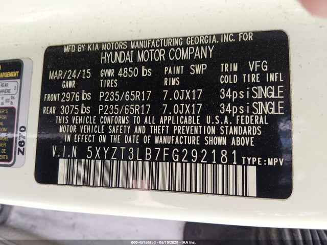 45156433 :رقم المزاد ، 5XYZT3LB7FG292181 vin ، 2015 Hyundai Santa Fe Sport 2.4l مزاد بيع