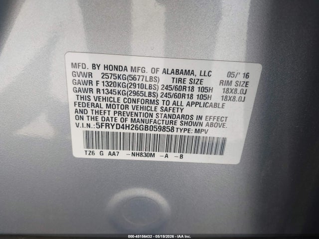 45156432 :رقم المزاد ، 5FRYD4H26GB059858 vin ، 2016 Acura Mdx Acurawatch Plus Package مزاد بيع