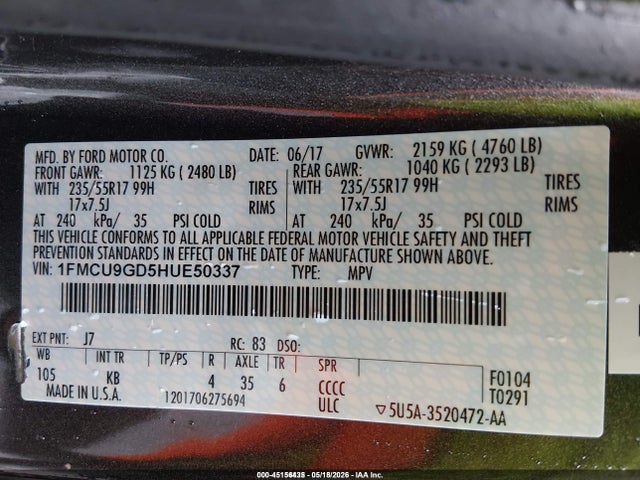 Aukcja sprzedaży 2017 Ford Escape Se, vin: 1FMCU9GD5HUE50337, numer aukcji: 45156435