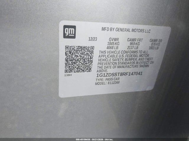 45156438 :رقم المزاد ، 1G1ZD5ST8RF147041 vin ، 2024 Chevrolet Malibu Fwd 1lt مزاد بيع