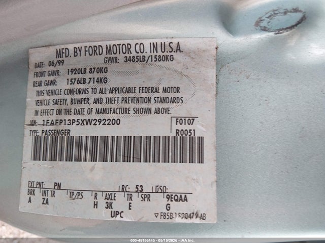 45156445 :رقم المزاد ، 1FAFP13P5XW292200 vin ، 1999 Ford Escort Se مزاد بيع