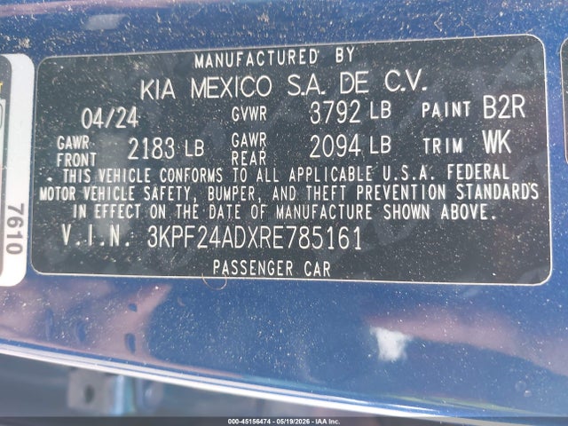 Продаж на аукціоні авто 2024 Kia Forte Lxs, vin: 3KPF24ADXRE785161, номер лоту: 45156474