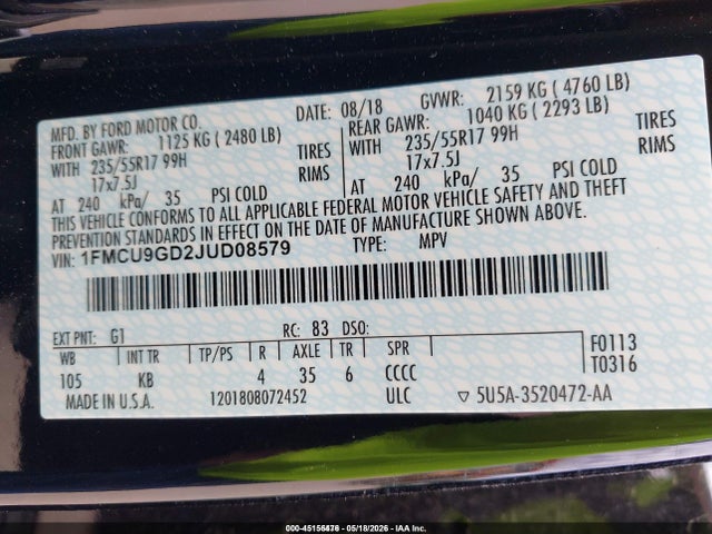 Aukcja sprzedaży 2018 Ford Escape Se, vin: 1FMCU9GD2JUD08579, numer aukcji: 45156476