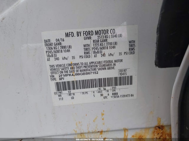 Продажа на аукционе авто 2016 Ford Edge Sel, vin: 2FMPK4J99GBB67152, номер лота: 45156478