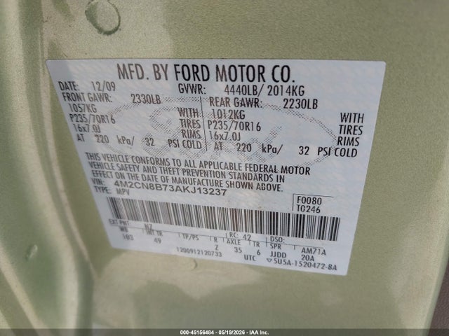 Продаж на аукціоні авто 2010 Mercury Mariner, vin: 4M2CN8B73AKJ13237, номер лоту: 45156484