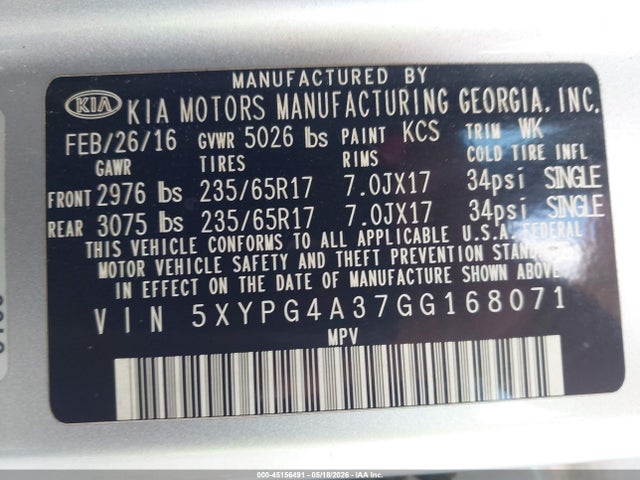 45156491 :رقم المزاد ، 5XYPG4A37GG168071 vin ، 2016 Kia Sorento 2.4l Lx مزاد بيع