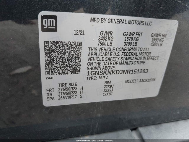 45156501 :رقم المزاد ، 1GNSKNKD3NR151263 vin ، 2022 Chevrolet Tahoe 4wd Lt مزاد بيع