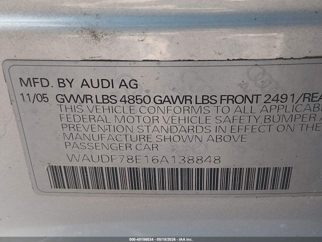Продаж на аукціоні авто 2006 Audi A4 2.0t, vin: WAUDF78E16A138848, номер лоту: 45156534