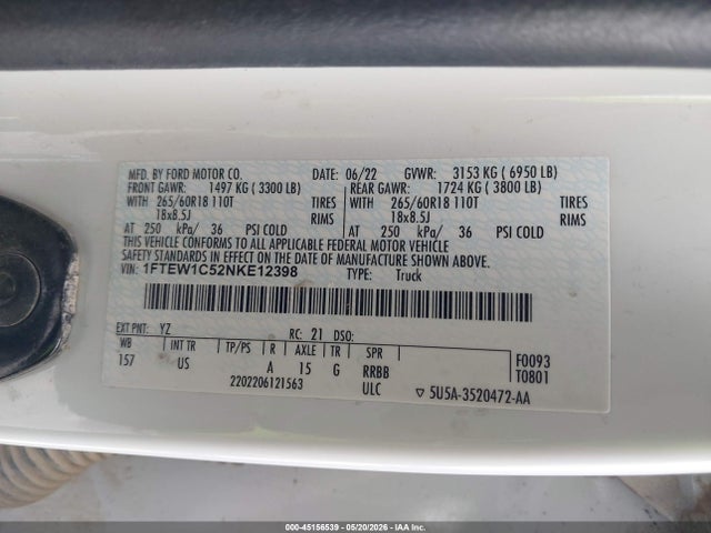 2022 Ford F-150 Xlt მანქანა იყიდება აუქციონზე, vin: 1FTEW1C52NKE12398, აუქციონის ნომერი: 45156539