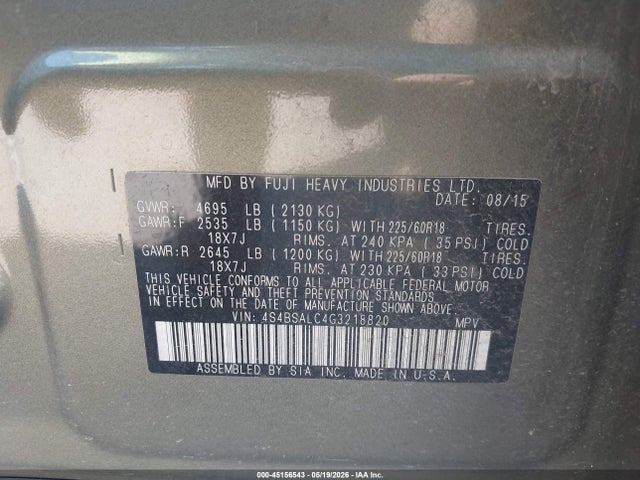 Продаж на аукціоні авто 2016 Subaru Outback 2.5i Limited, vin: 4S4BSALC4G3218820, номер лоту: 45156543
