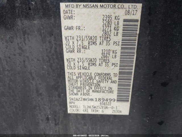 45156552 :رقم المزاد ، 5N1AZ2MH5HN189499 vin ، 2017 Nissan Murano Platinum مزاد بيع