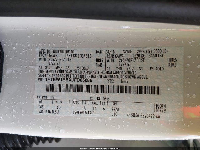 Aukcja sprzedaży 2018 Ford F-150 Xl, vin: 1FTEW1EBXJFD05086, numer aukcji: 45156560